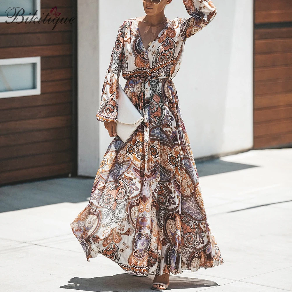 

Bikitique Boho Vintage Maxi Dress Women Sexy Deep V-neck Long Lantern Sleeve Ankle-length Bohemian Women Dress Autumn vestidos