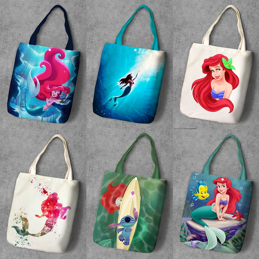 

Mermaid Ariel Cartoon Printed Canvas Recycle Shopping Bag Large Capacity Customize Tote Fashion Ladies Casual Shoulder Bags