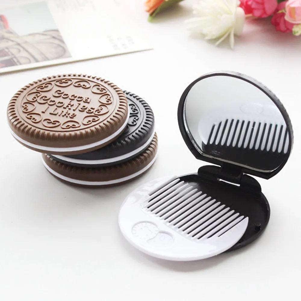 

Small Pocket Mirror Comb Women Makeup Cookie Mirror Portable Mini Pocket Chocolate Biscuits Compact Mirror With Comb Cute
