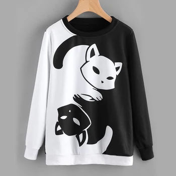 

2019 Female Women Hoodies Sweatshirts Printing Cat Pullover Women's Clothes Long Sleeve Round Neck Tops