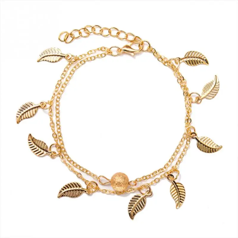 

African Style Fashion Double Layer Leaf Pendant Anklet Foot Chain Gold-color Silver-color Delicate Boho Ankle Jewelry for Women
