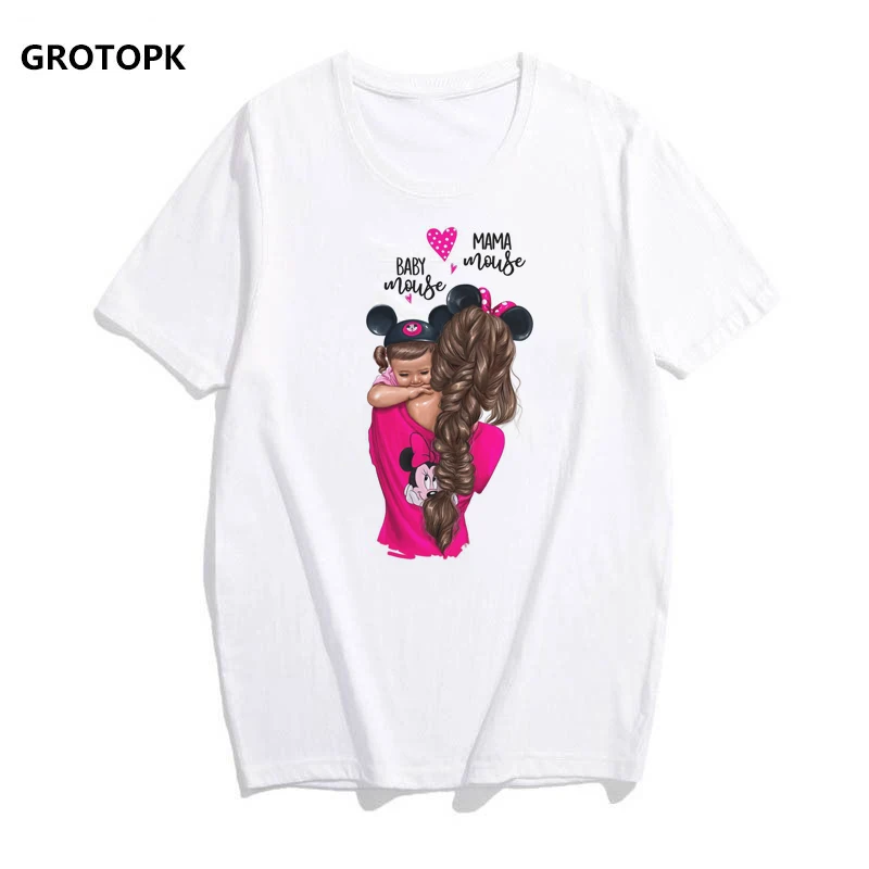 

Super Mama Baby Mickey T-shirts for Women Mom and Daughter Print Tee Shirt Femme Cotton Vogue T Shirt Streetwear Harajuku Tops