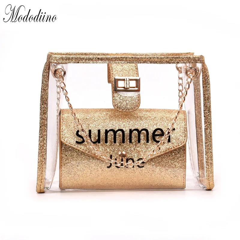 

Mododiino Famous Brand Woman Bags 2019 Glitter Sequin Transparent Clear Bag Lock Chains Handbag Composite Bag Beach Bags DNV0997