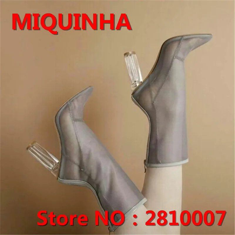 

2017 Summer Sexy Hot Sale Mesh Boots Zipper Solid High Square Heel Point Toe Basic Mid-Calf Pink/Black/Orange/White Shoes Women