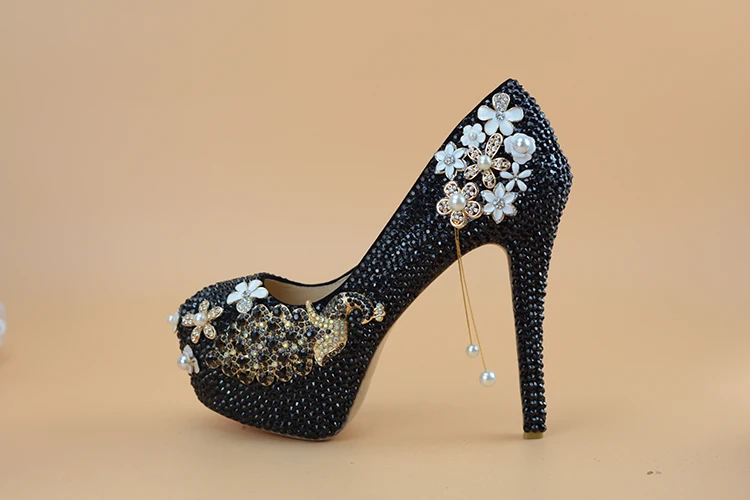 BaoYaFang/черные модельные туфли с кристаллами в виде павлина; Свадебная обувь для невесты; женская обувь на платформе и высоком каблуке; модная женская обувь