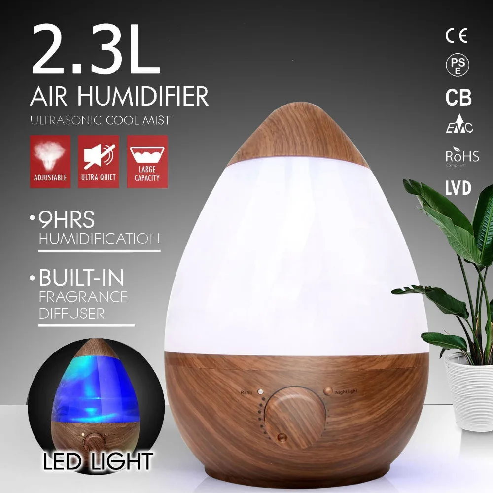 

OUTAD 2.3L Wood Air Humidifier Home Quiet Fragrance Water Drop Egg-Shaped Humidifier Ultrasonic Aromatherapy Humidifier Purifier