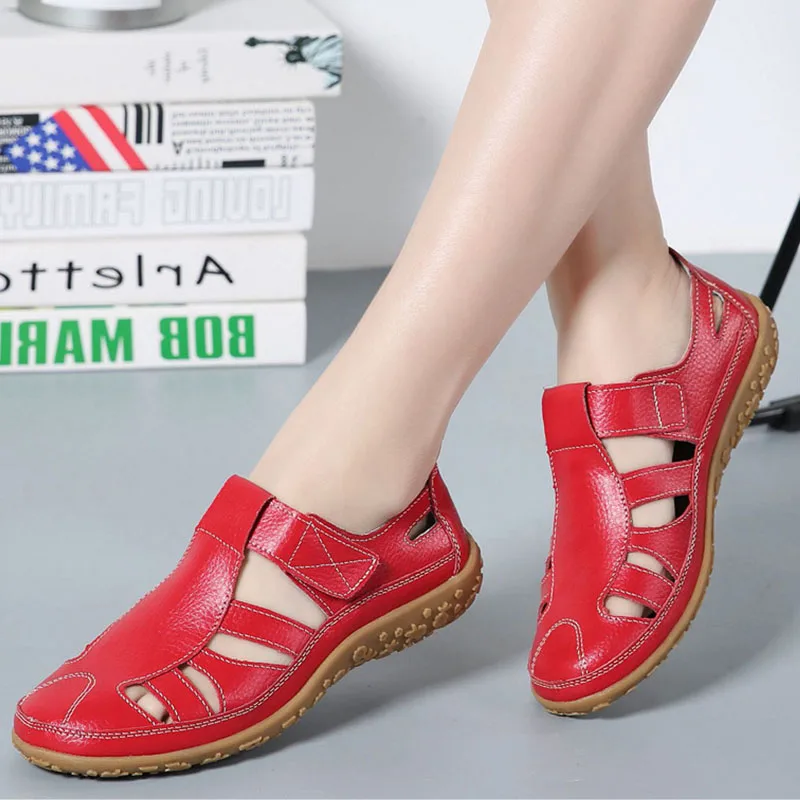 

VTOTA Handmade Summer Hole Loafers Women Flat Geather Leather Moccasin Shoes Woman Slip On Ladies Shoes Cover Heel Causal Flats