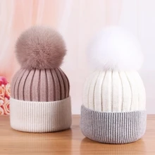 Зимняя шапка из натурального меха, шерстяная шапка из смешанного натурального Лисьего меха с помпонами, женская зимняя шапка унисекс, детская теплая Толстая эластичная уличная шапка