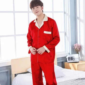

X Casual Negligee 2PCS Nightwear For Men Summer Faux Silk Shirt&Pant Red Pajamas Set Loose Home Clothes Intimate Lingerie L-XXL