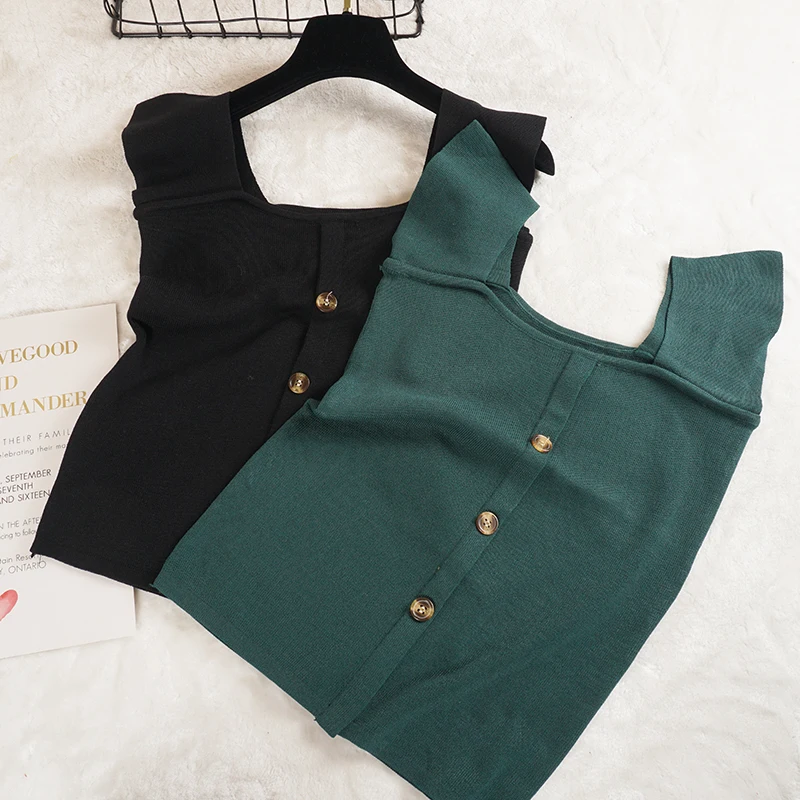 

New Summer Autumn Women Knitted Tank Top Sexy Button Slash Neck Strap Camis Club Girls Short Sleeveless Camisole Vest Tops S1187