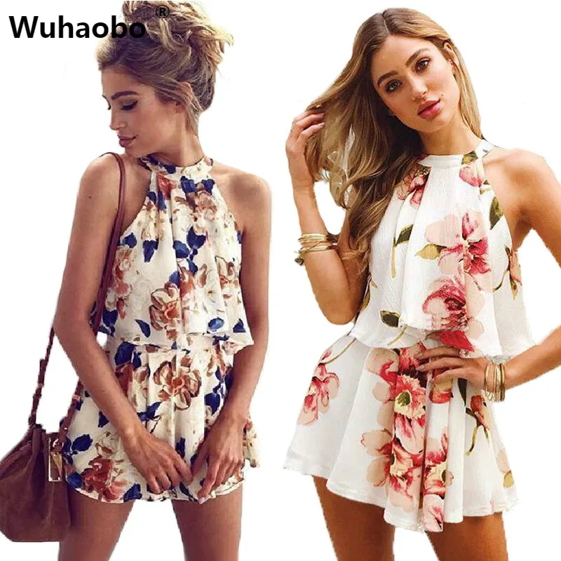 

Sexy Off Shoulder Floral Print Summer Playsuit Women 2018 Halter Sleeveless Ruffles Wide Leg Short Jumpsuit Beachwear Overalls