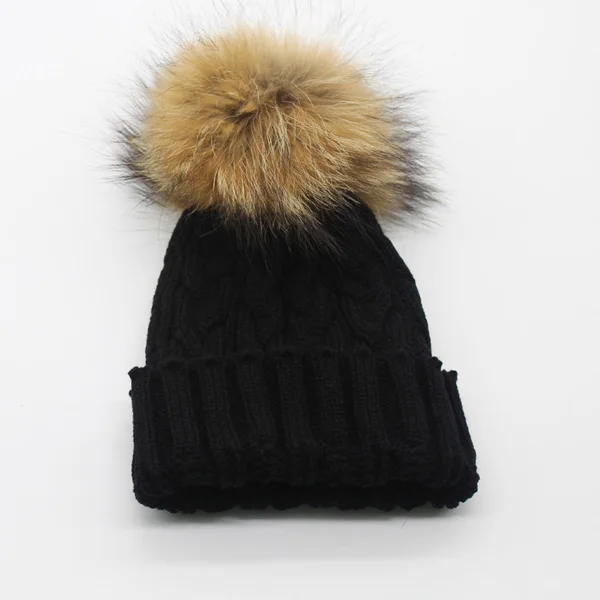 FURANDOWN зимние женские головные уборы шерстяные Вязанные Трикотажные Шапочки 18 см шапка с большим помпоном для женщин - Цвет: black 18cm