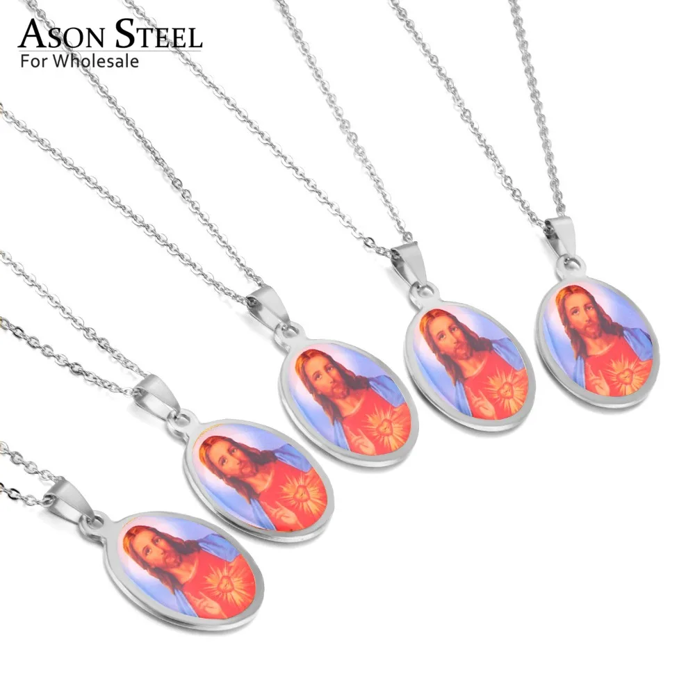 

ASONSTEEL 5 Pcs/Lot Silver Stainless Steel Jesus Virgin Mary Vintage Jewelry Religious Jewelry Pendant Necklace