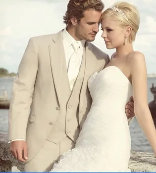 

New Arrival Mens Suits Groomsmen Notch Lapel Groom Tuxedos Beige Wedding Best Man Suit (Jacket+Pants+Tie+Vest) B673