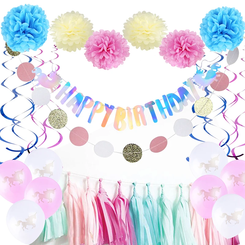 

Unicorn 1st Birthday Party Decorations Supplies Happy Birthday Banner Bunting Paper Fan Pom Pom Flower for Kids Unicorn Party
