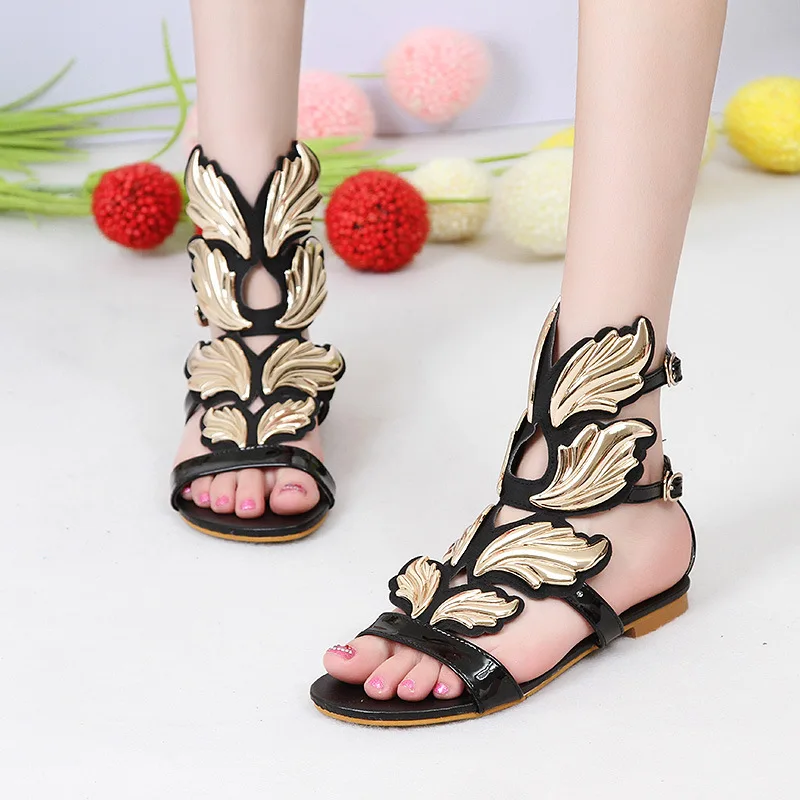 

XingDeng Girls Design Gold Wing Leaf Flat Summer Ankle Strap Sandals Shoes Women Frame Party Sexy Dress Shoes Pu Leather