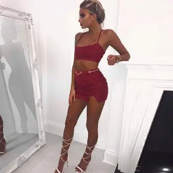 

Women 2 Piece Set Dresses Bodycon Skirt Outfit Crop Top Mini Summer Dress Bandge