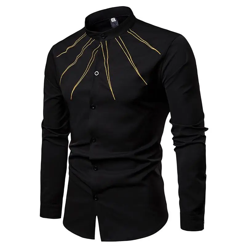

New model Shirts Stand collar White Black Camisa social Mens Shirt Unique Golden design Blouse Mens clothing Slim fit