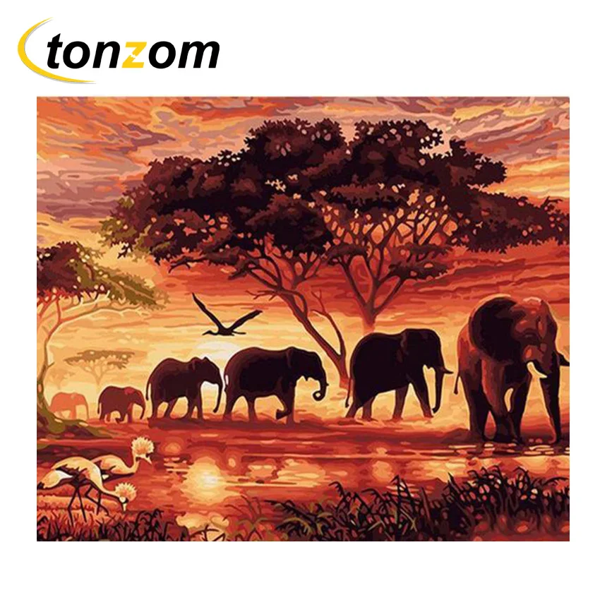 Rihe Sunset Elephant Family Drawing By Numbers Diy Animal Tree Painting Handwork On Canvas Oil Painting Art Coloring For Home Painting Calligraphy Aliexpress