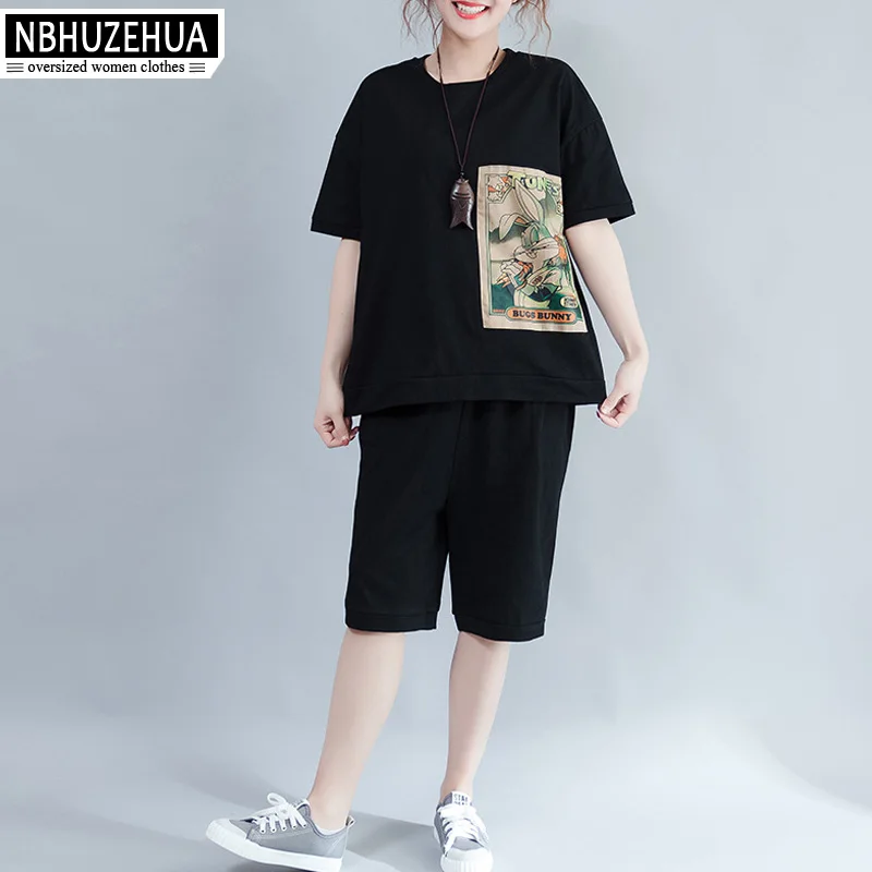 

NBHUZEHUA A229 Women's Two Piece Set Shorts+Summer Tops For Women 2018 Cartoon Print Tracksuit Plus Size 4XL 5XL