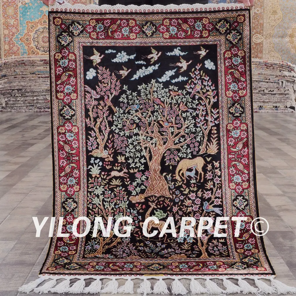 Yilong 2'x3' Hand Knotted Persian Carpet Oriental Tree of Life Deer