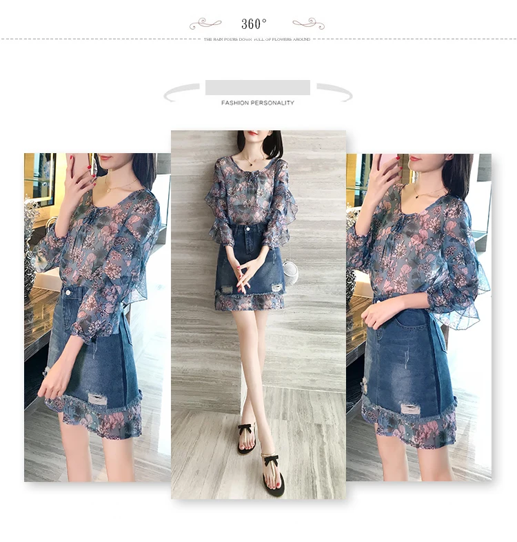Женский весенне-летний Повседневный облегающий комплект из двух предметов, корейский комплект из 2 предметов, шифоновая рубашка, джинсовая женская одежда, короткое платье ZT1955