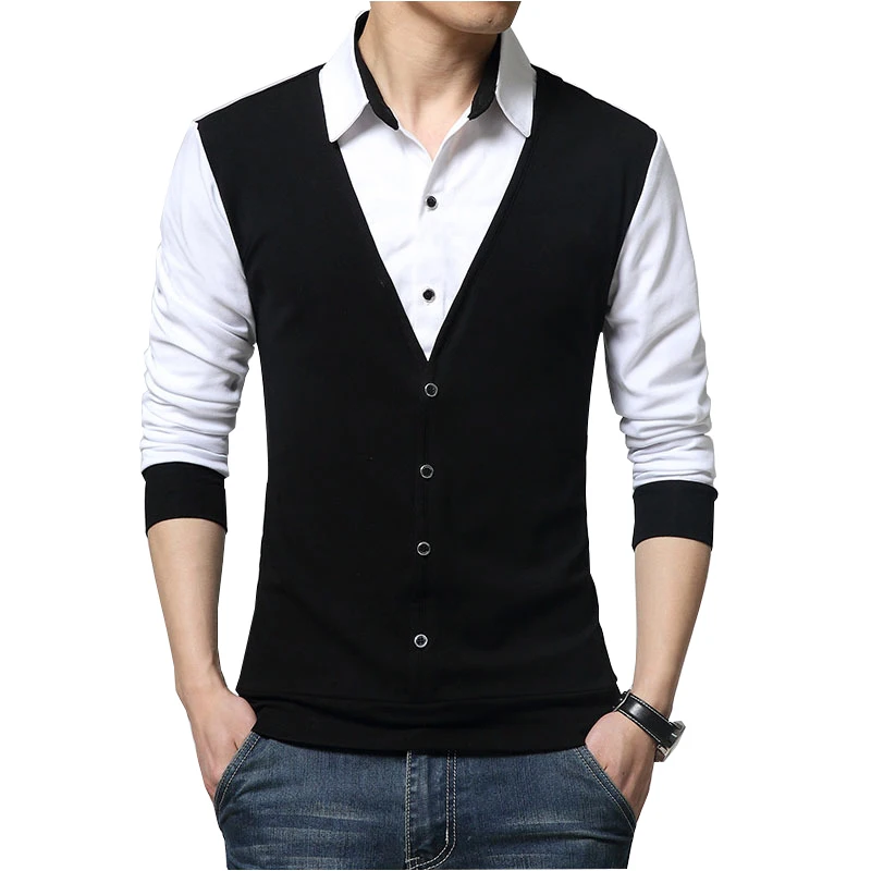 

Mens T-Shirts Fake Two Stitching buttons decoration 2018 Fashion Designer Clothing Cool Tees Men Long Sleeve T Shirt Casual Male
