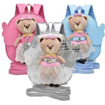 

New 2017 PU Cute Bear Angel Rabbit Anti-lost Kids Backpack Gift for Children Cartoon School Bag for Girls with Detachable Doll
