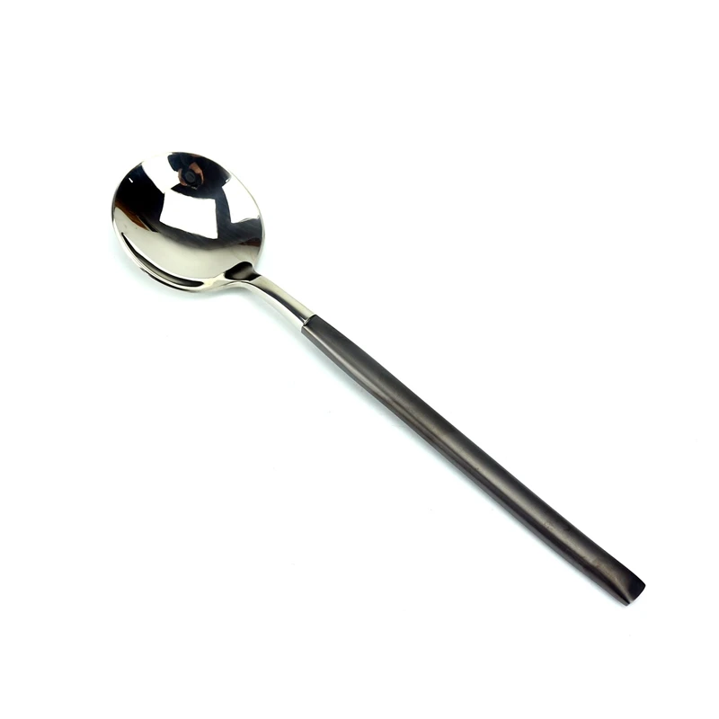1 Pcs Upmarket Black Handle Stainless Steel Soup Spoon Kitchen Supplies Metal Round Spoons