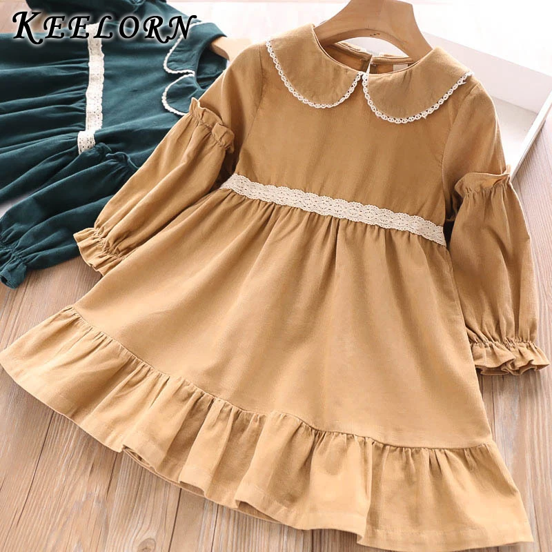 

Keelorn Girls Dress 2019 Solid Lacing Matching Dress Autumn Long Sleeve Peter-pan Collar Princess Dresses Preppy Children Dress