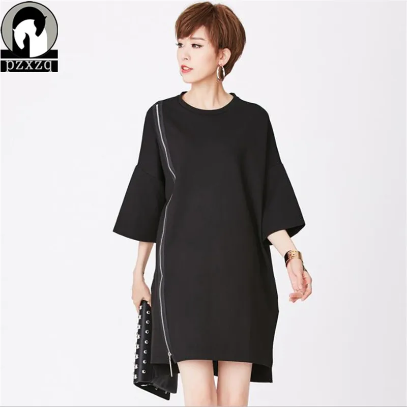 

2018 Summer Women Three Quarter Fashion Vestidos Slim O-neck Zippers Demolition Dress Vintage Loose Straight Dress For Female