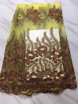 

2019 High Quality Latest Popular Yellow Brown African Frence Net lace with STONES Fabric for Nigerian Wedding Party Dresses