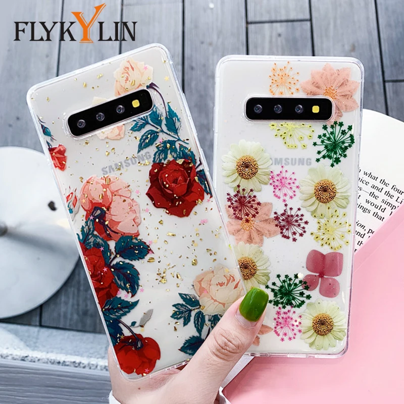 FLYKYLIN Блестящий цветочный чехол для samsung Galaxy S9 S10 Plus S10e задняя крышка на Note 8 9 мягкий