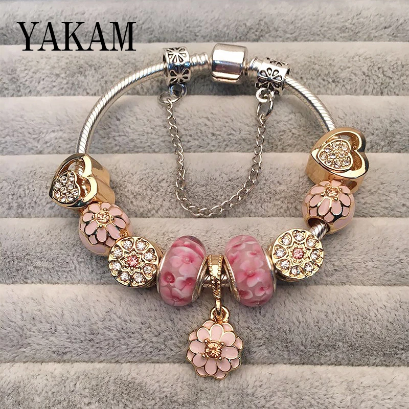 

Gold Color Pink Clear CZ Heart Glass Bead Bangle Fit Original Charms Bracelet Magnolia Flower Dangle For European Women Pulseira