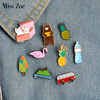 

Miss Zoe 9pcs/set Pineapple Bus Cats in Box Bear Swan Mountain Brooch Button Pins Denim Jacket Pin Badge Cartoon Jewelry Gift