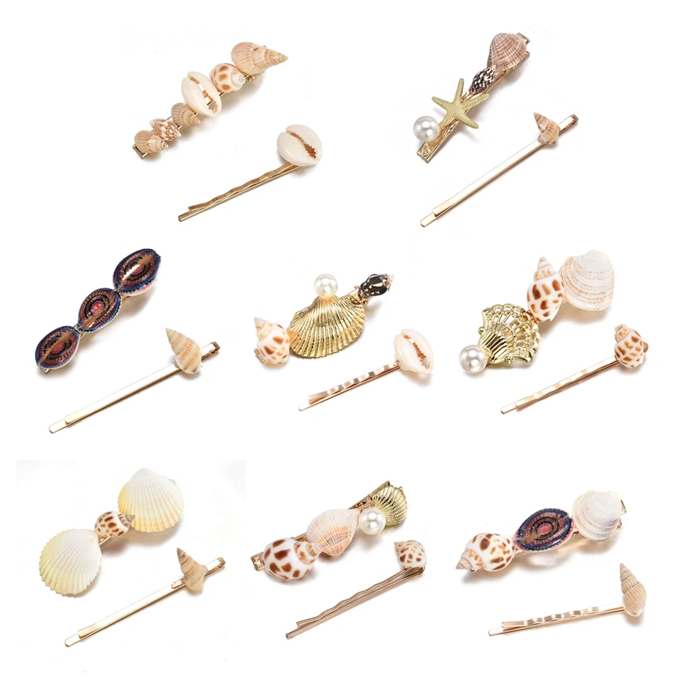 

2019 New Fashion Summer Women Hair Accessories Pearl Shell Stitching Metal Hairpin Simple Temperament Pearl Word Bangs Clip Set