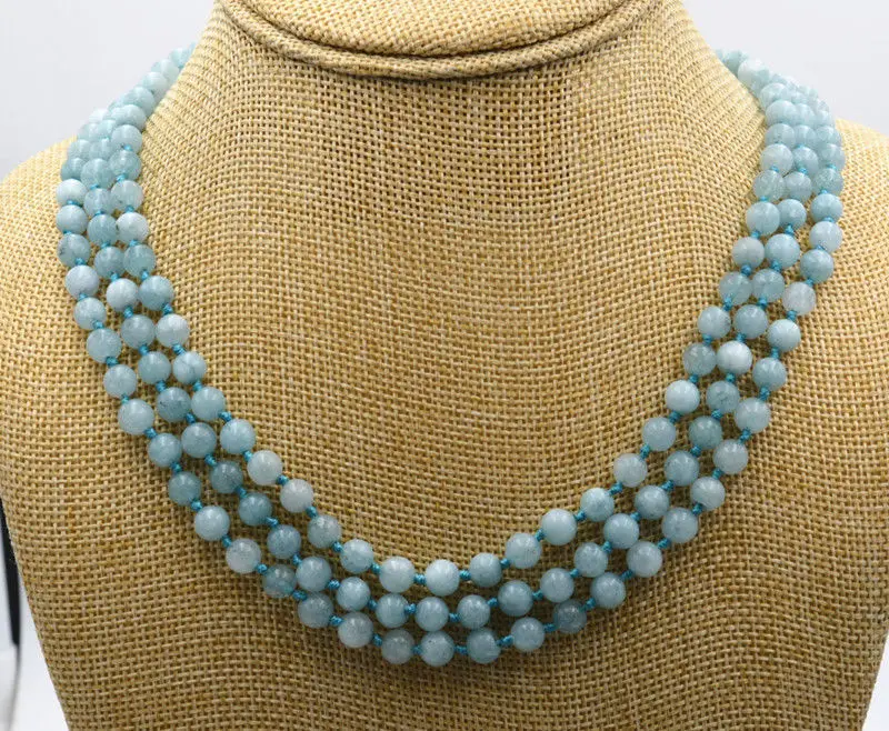 

Charming natural 6 mm 3 rows aquamarine beads Necklace 17-19
