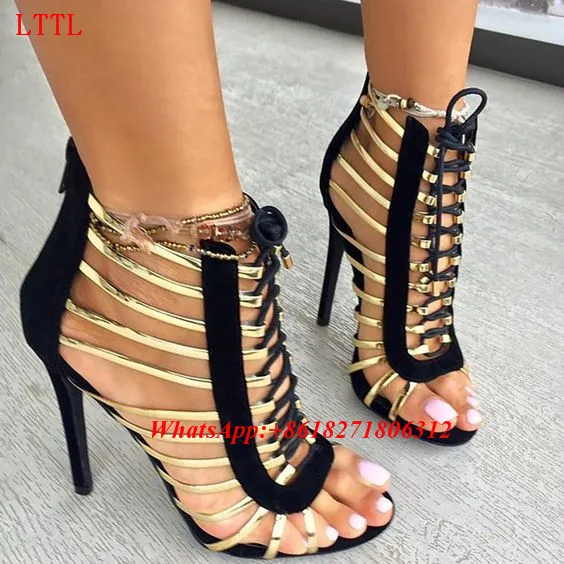 

New Fashion Narrow Band Gold Strap Summer Ankle Boots Cross-tied Lace Up Sandles High Heel Shoes Caged Gladiator Sandals Women