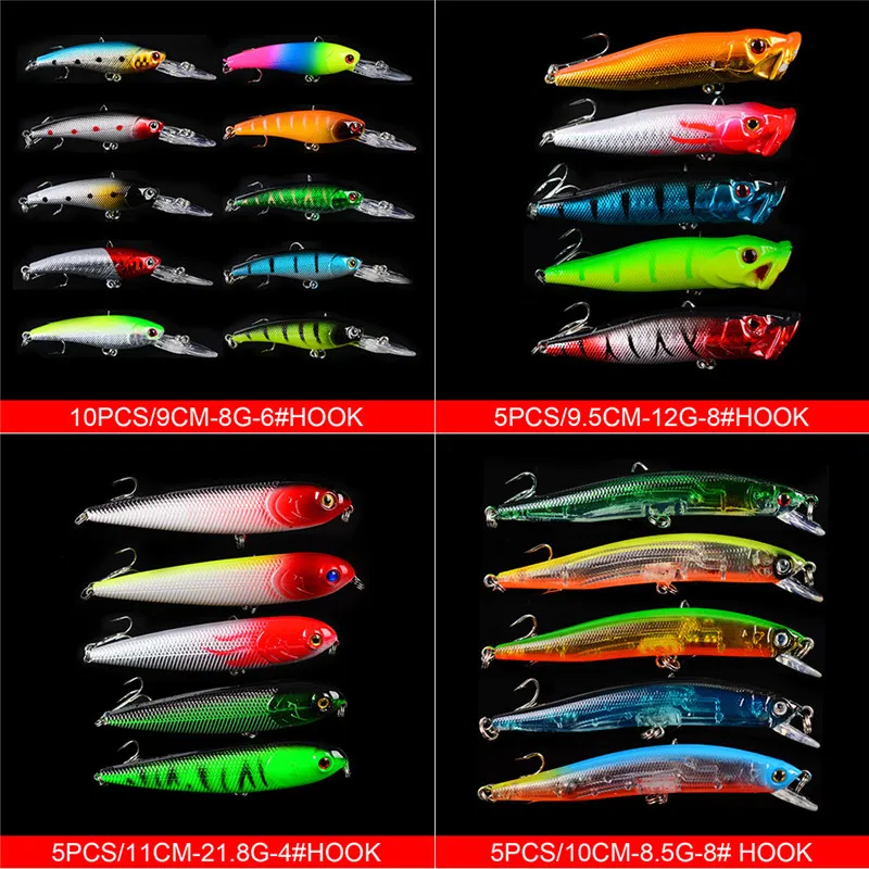 48PCS Minnow Popper Lure Kit Fishing Lure Wobbler Crankbait Minnow Bass Trolling Artificial Bait for Carp Fishing Lures Set