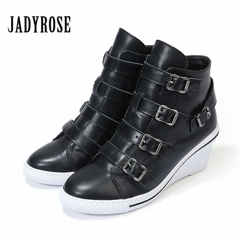 

Jady Rose Black Women Ankle Boots Genuine Leather Buckles High Heel Wedge Shoes Woman Female Platform Short Booties Women Pumps