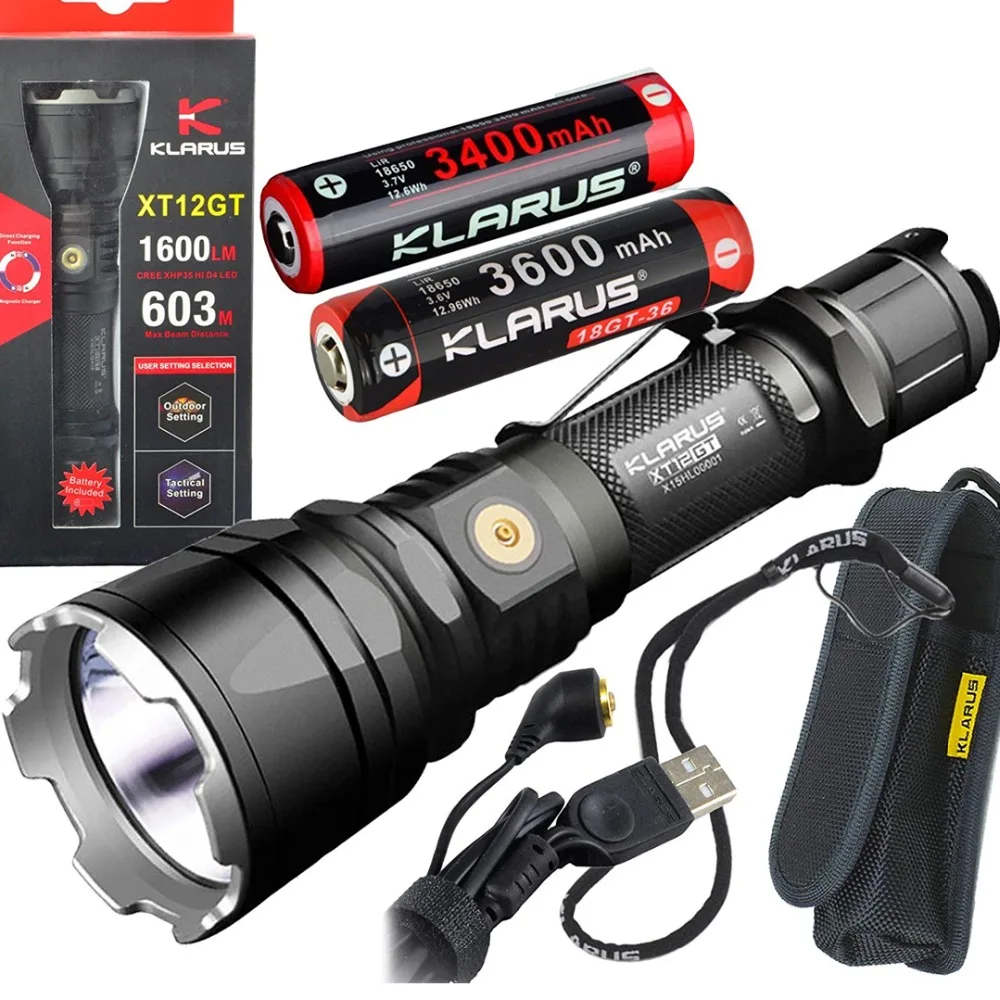 

Flashlight KLARUS XT12GT CREE XHP35 HI D4 LED max.1600LM throw 603 meters Magnetic-Charging torch with 2 x 18650 battery