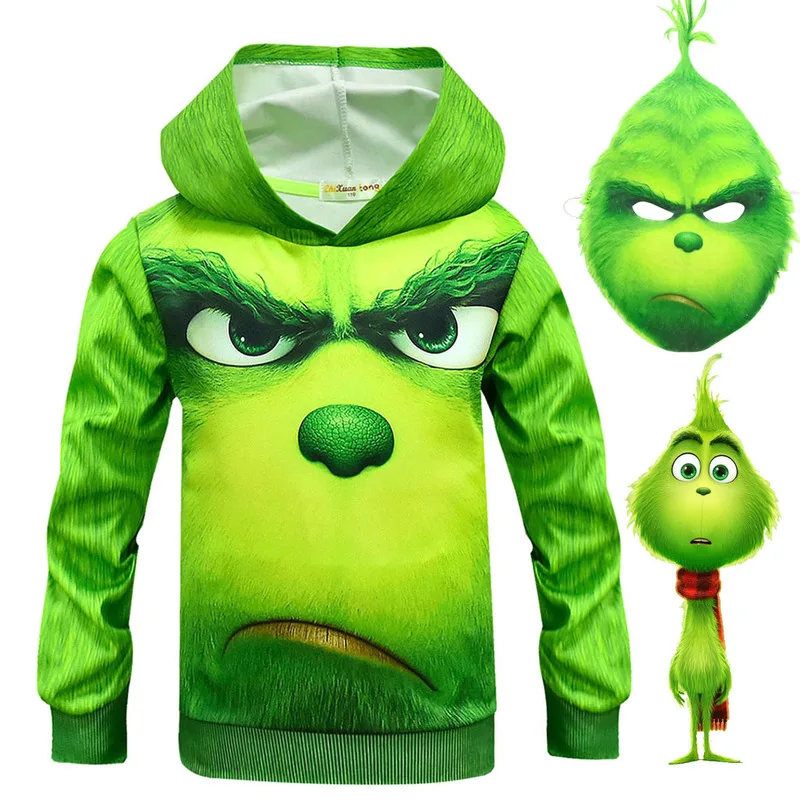 

Hot Movie How Grinch Stole The Christmas Hoodies Sweatshirt Mask + Scarf The Grinch 3D Full Face Printed Kids Clothes Green Tops