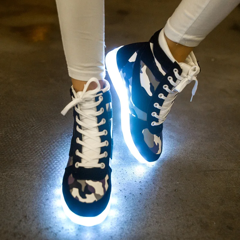

2019 new camouflage high help LED colorful men and women flashing shoes fluorescent luminous shoes USB light shoes