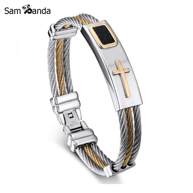 2018 New Gold Silver Cross Bracelet Men Jewelry Stainless 2018 New Gold Silver Cross Bracelet Men Jewelry Stainless Steel 3 Rows Wire Chain Mens Leather Bracelets Bangles In Charm From