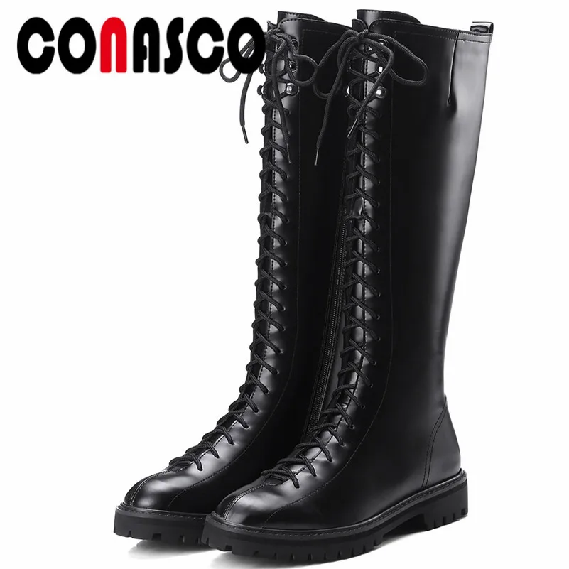 

CONASCO Fashion Women Knee High Boots Casual Concise Punk Cross-tied Shoes Woman Round Toe Autumn Winter Warm Square Heels Shoes