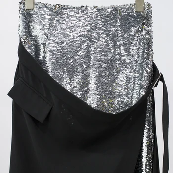 

Splicing black asymmetrical skirt Sequined fake two pieces of fashion casual High Street Skirt