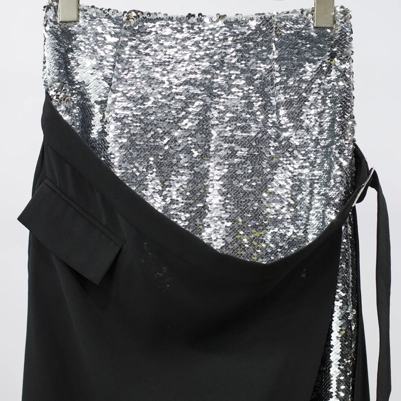 Splicing zwarte asymmetrische rok Lovertjes nep twee stukken van fashion casual High Street Rok Splicing zwarte asymmetrische rok Lovertjes nep twee stukken van fashion casual High Street Rok