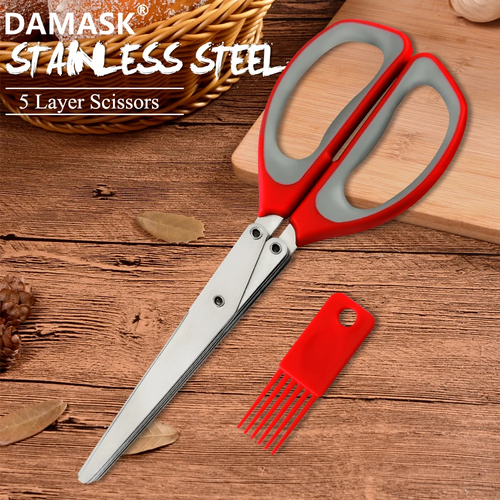 

DAMASK 5 Layers Herb Kitchen Scissors Shredded Chopped Basil Rosemary Laver Scallion Cutter Stainless Steel Blade Shear Cut Tool