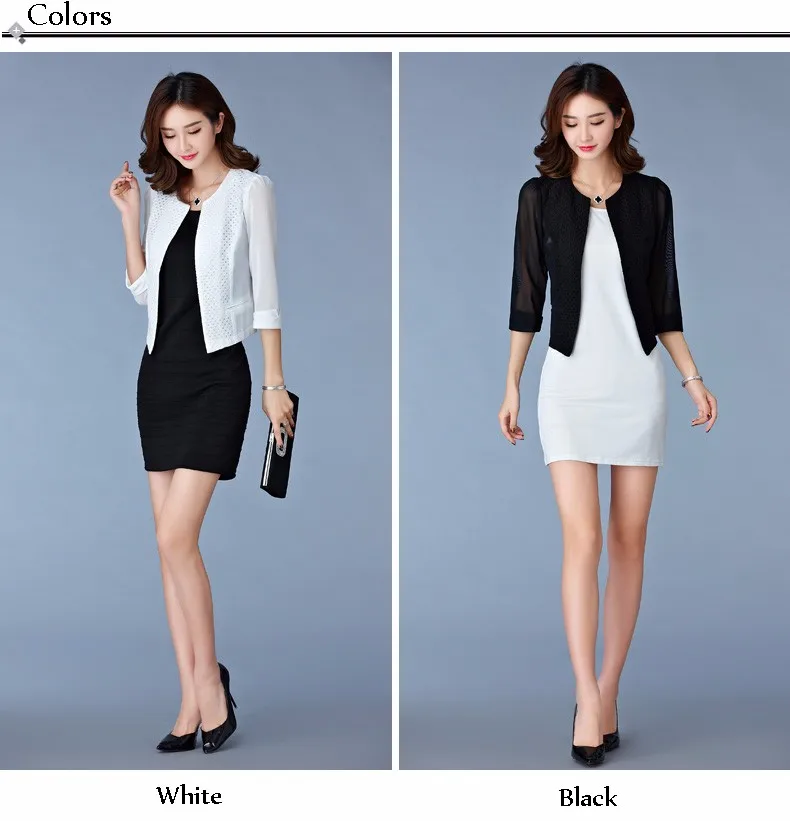 Women Black White Gauze Jacket Summer 2016 Chiffon Cardigan Sexy 34 Sleeve Plus Size Slim Jackets Office Lady Coat Tops A385  a