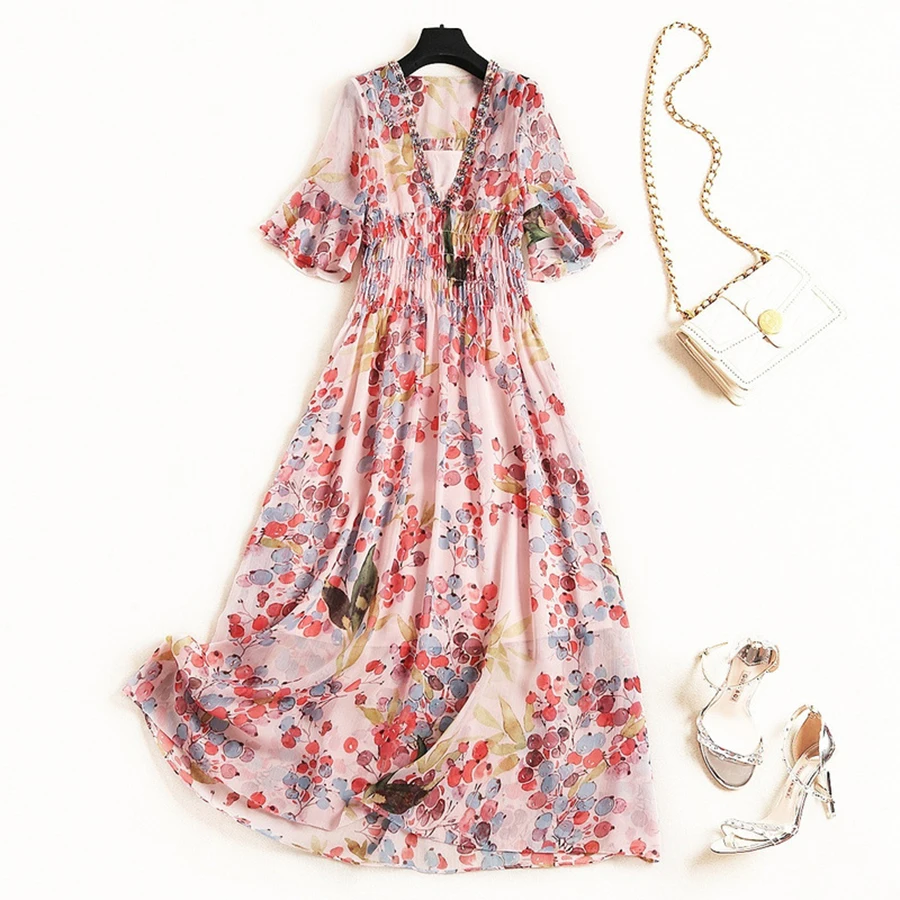 

VERDEJULIAY Luxury Beading Dress 2019 Summer Fashion Women's V-Neck Dot Print Diamonds Sequined Mid-Calf Elegant Long Boho Dress